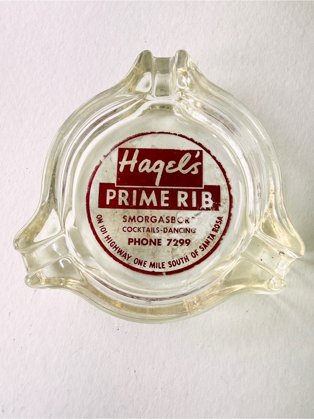 Vintage glass ashtray 50s Hagel's Prime Rib, Santa Rosa CA, Advertising, dancing